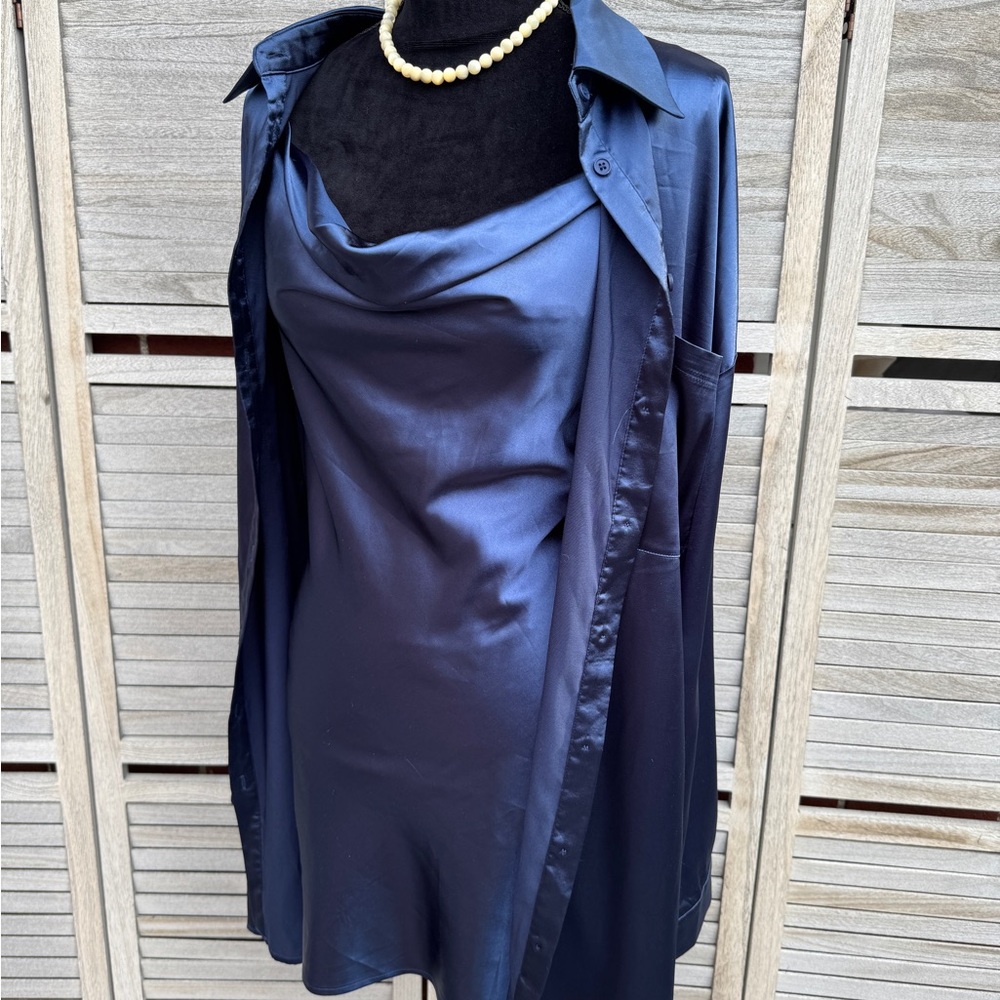 Princess Polly Navy Satin Slip Mini Dress & Shirt Set Sz 10 Y2K Old Money